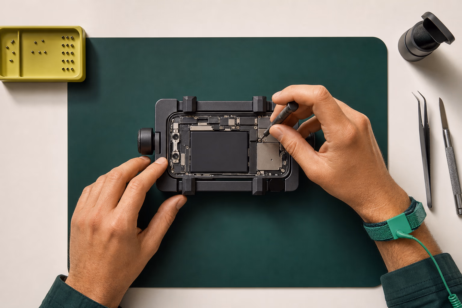 Un technicien répare un téléphone dans un atelier DBC.